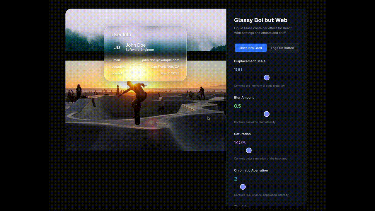 Liquid Glass Vue Interactive Demo - Real-time Parameter Controls