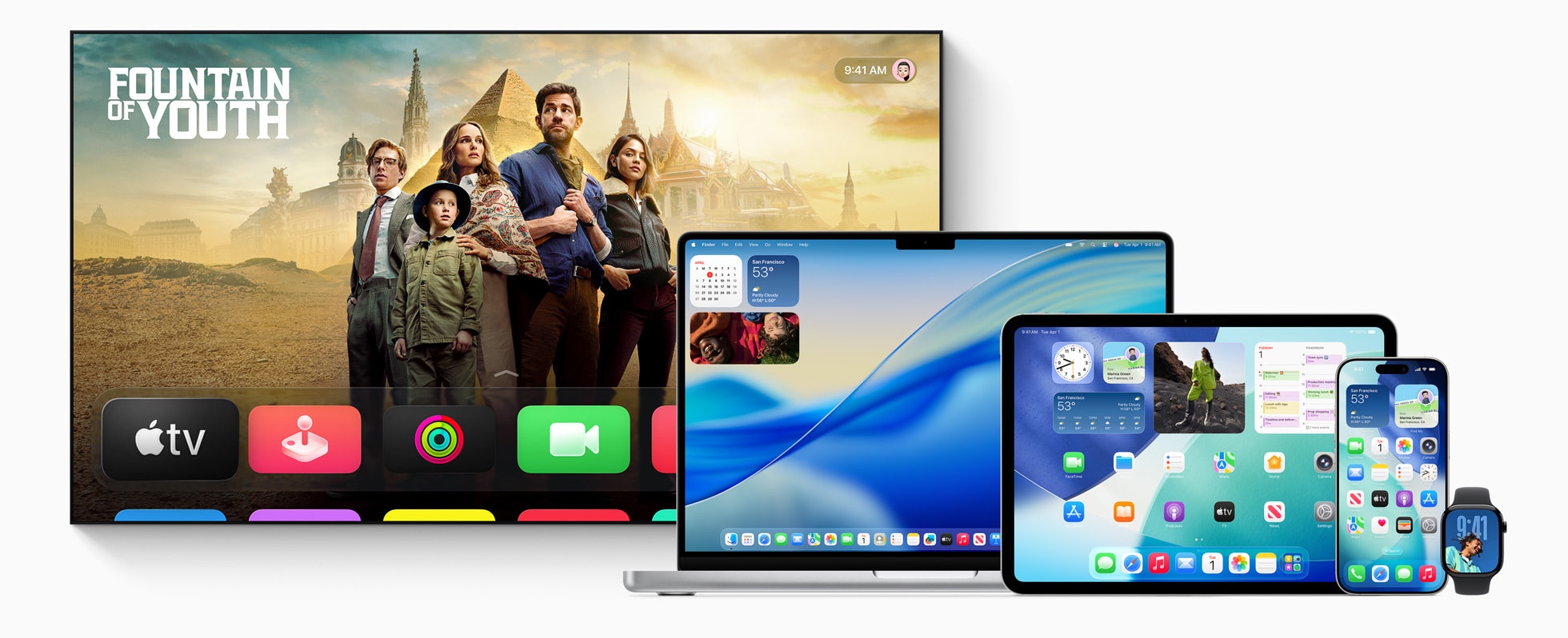Apple ecosystem featuring Liquid Glass design language across iPhone, iPad, Mac and Vision Pro